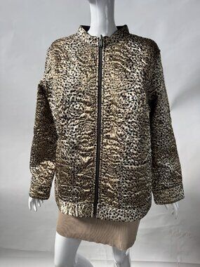 Chicos Reversible Animal Print Denim Jacket Size XL Black & Tan Quilted Design